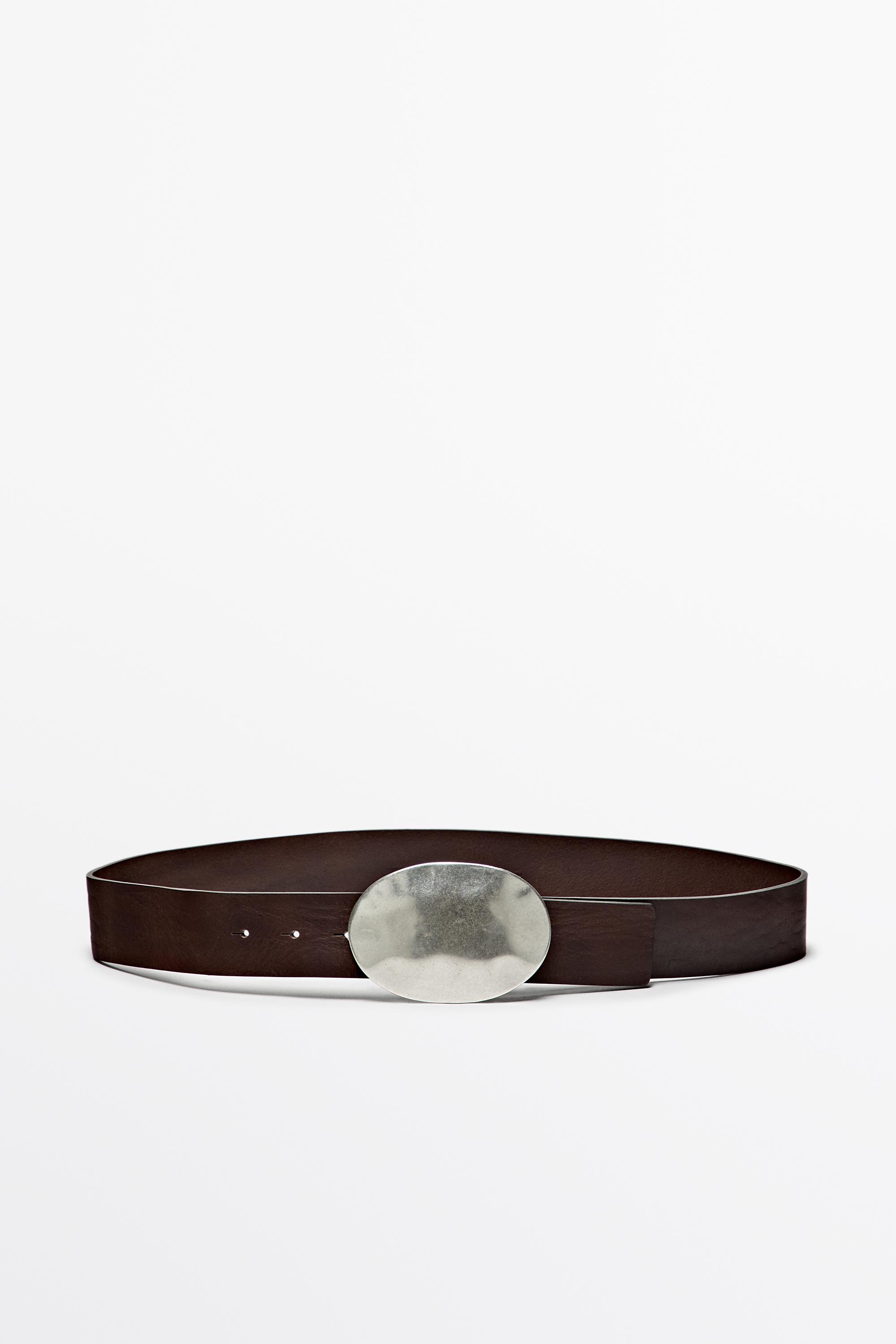 Nappa leather texture belt with oval buckle